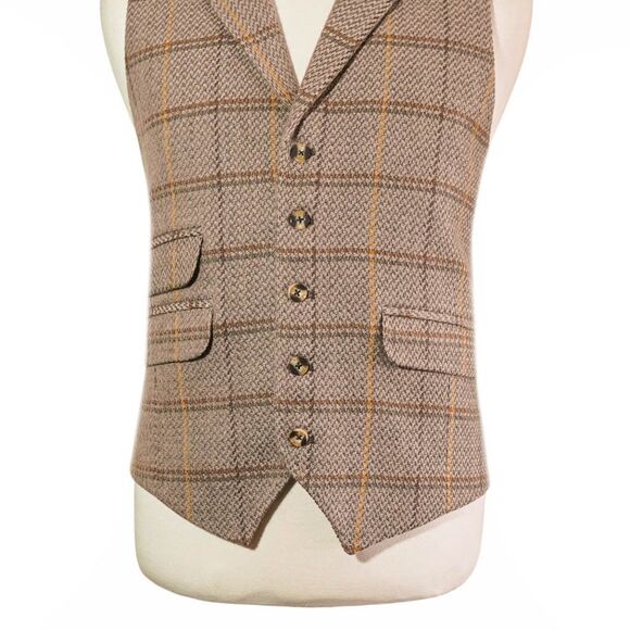 Mens Wool Vest 46R Beige Tan Plaid Windowpane Waistcoat Preppy British Heritage - Picture 4 of 8